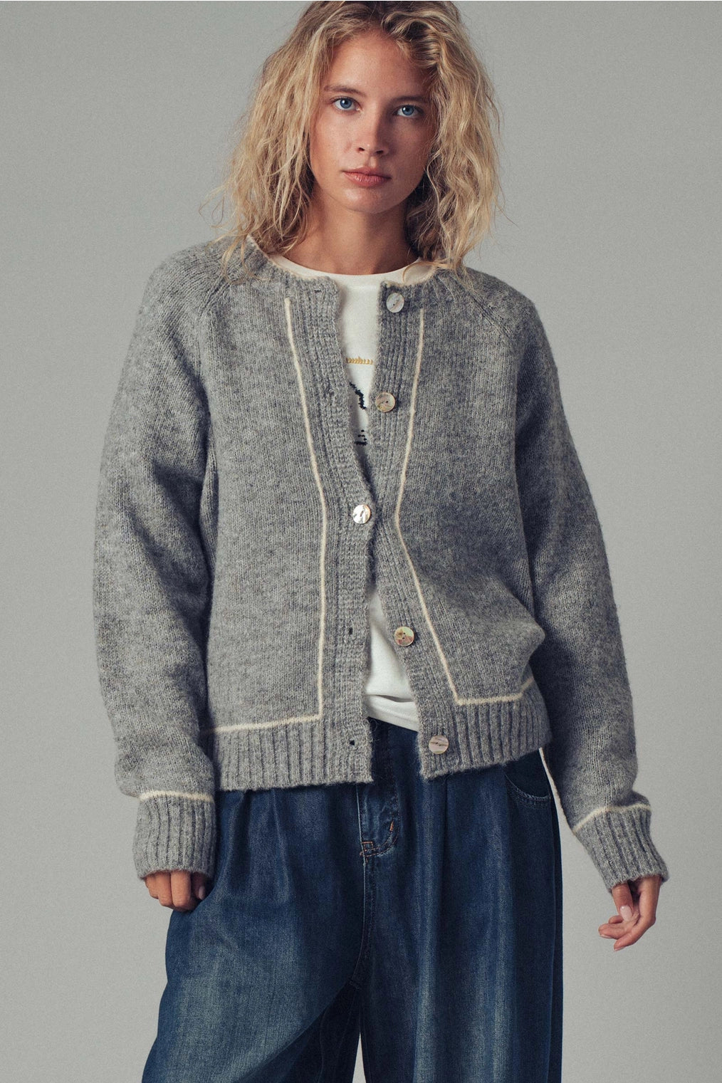 Casady Stitched Contrast Trim Cardigan