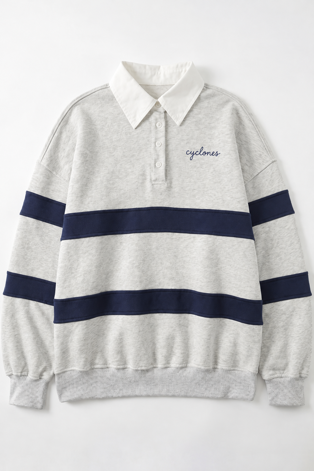 Contrast-Collar Striped Rugby Pullover