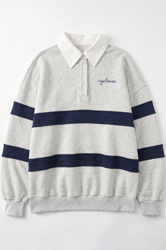 Contrast-Collar Striped Rugby Pullover