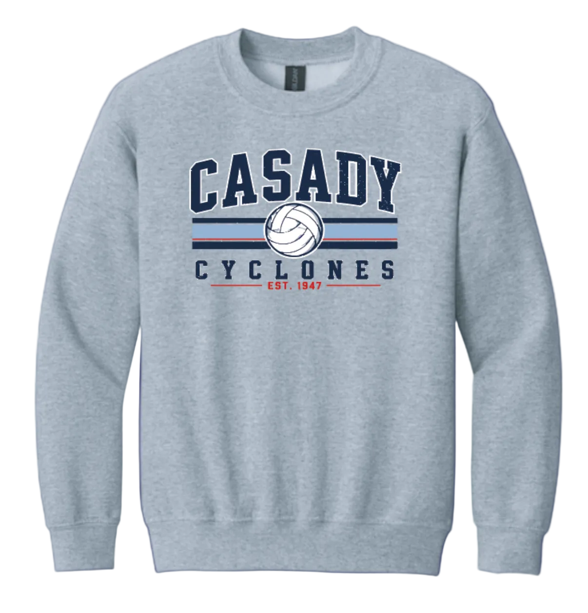 A light heather gray crewneck sweatshirt with a 'CASADY CYCLONES' graphic on the chest, featuring navy blue and red text and stripes, set against a dark purple background.